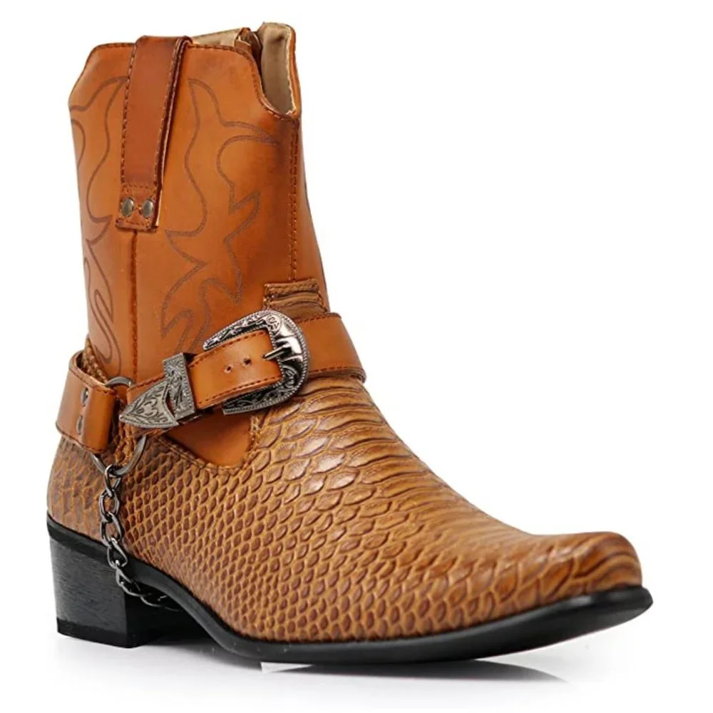 Men's Tan Western Harness Boots - Leather Exotic Texture